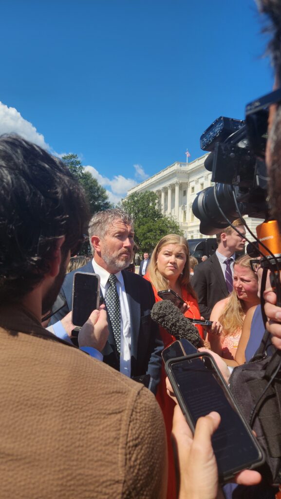 Representative Thomas Massie (R-KY) speaks at a press conference with Epstein victims outside the Capitol.