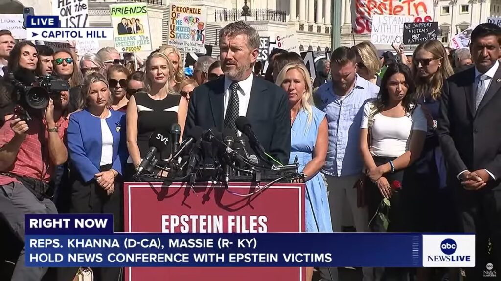Representative Thomas Massie (R-KY) speaks at a press conference with Epstein victims outside the Capitol.
