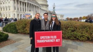 Omny Miranda Martone, Katie Knick, and Léonardo da Silva at Capitol Hill for the press conference on the Epstein Files Transparency Act.