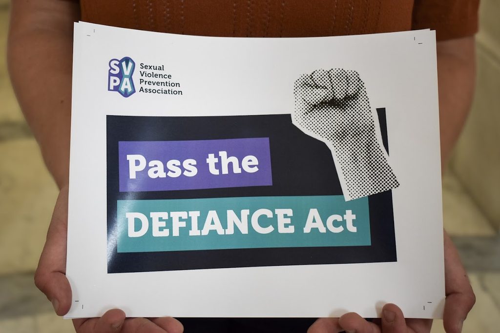 Person who it cropped out holding a poster saying "Pass the DEFIANCE Act"